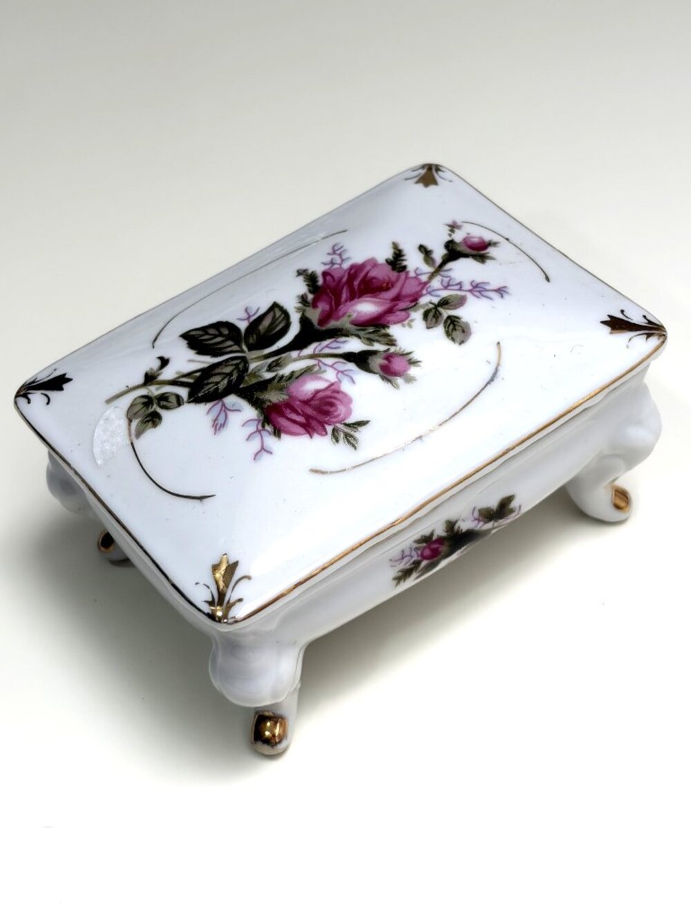 Vintage Pink Rose Porcelain Jewelry Box + Floral Ring